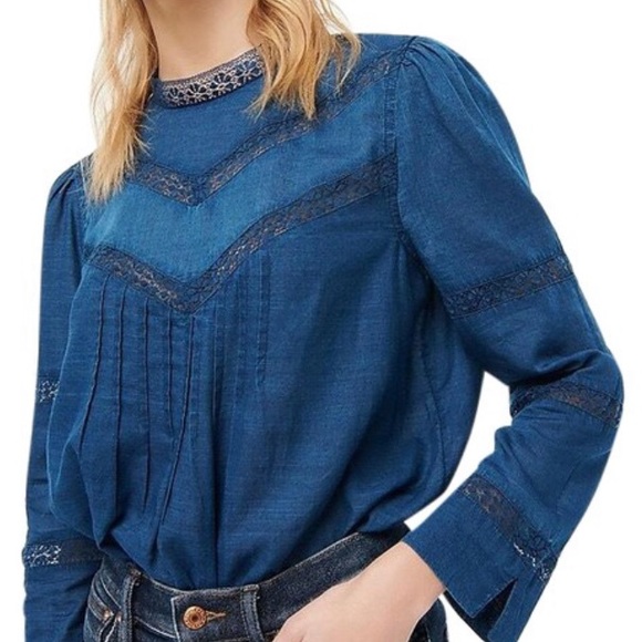 J. Crew Tops - NWT J. Crew Lace-trim mockneck blouse in indigo voile Size S
